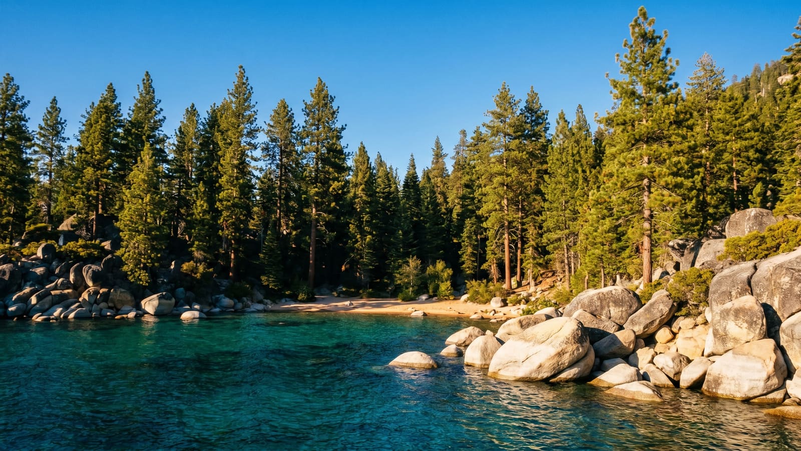 A Lake Tahoe cove with pine-lined granite shores